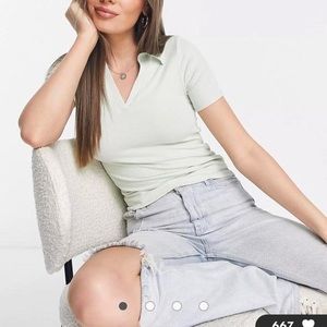 Stradivarius cropped polo t-shirt in khaki